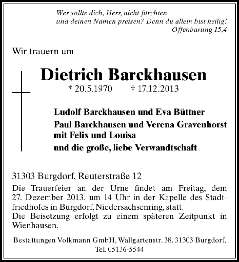  Traueranzeige für Dietrich Barckhausen vom 21.12.2013 aus HAZ/NP