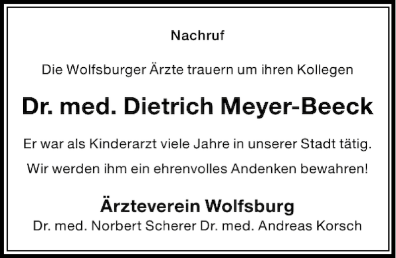  Traueranzeige für Dietrich Meyer-Beeck vom 21.12.2013 aus Aller Zeitung / Wolfsburger Allgemeine