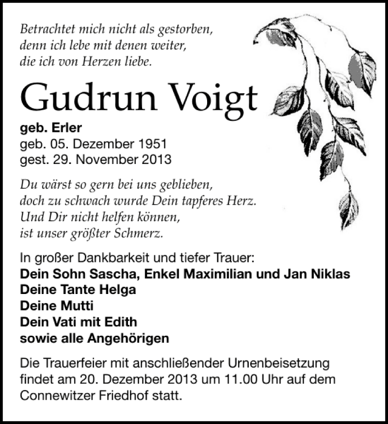  Traueranzeige für Gudrun Voigt vom 07.12.2013 aus Leipziger Volkszeitung