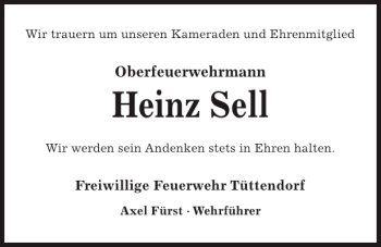 Traueranzeige von Heinz Sell von Kieler Nachrichten / Segeberger Zeitung