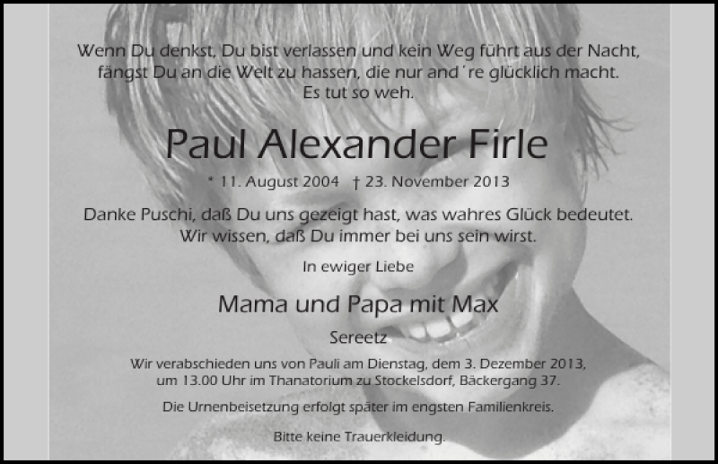  Traueranzeige für Paul Alexander Firle vom 01.12.2013 aus Lübecker Nachrichten