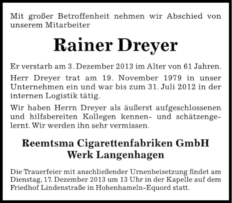  Traueranzeige für Rainer Dreyer vom 13.12.2013 aus HAZ/NP