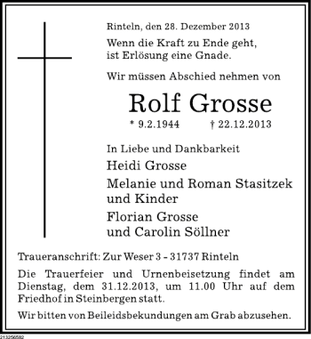 Traueranzeige von Rolf Grosse von Schaumburger Nachrichten