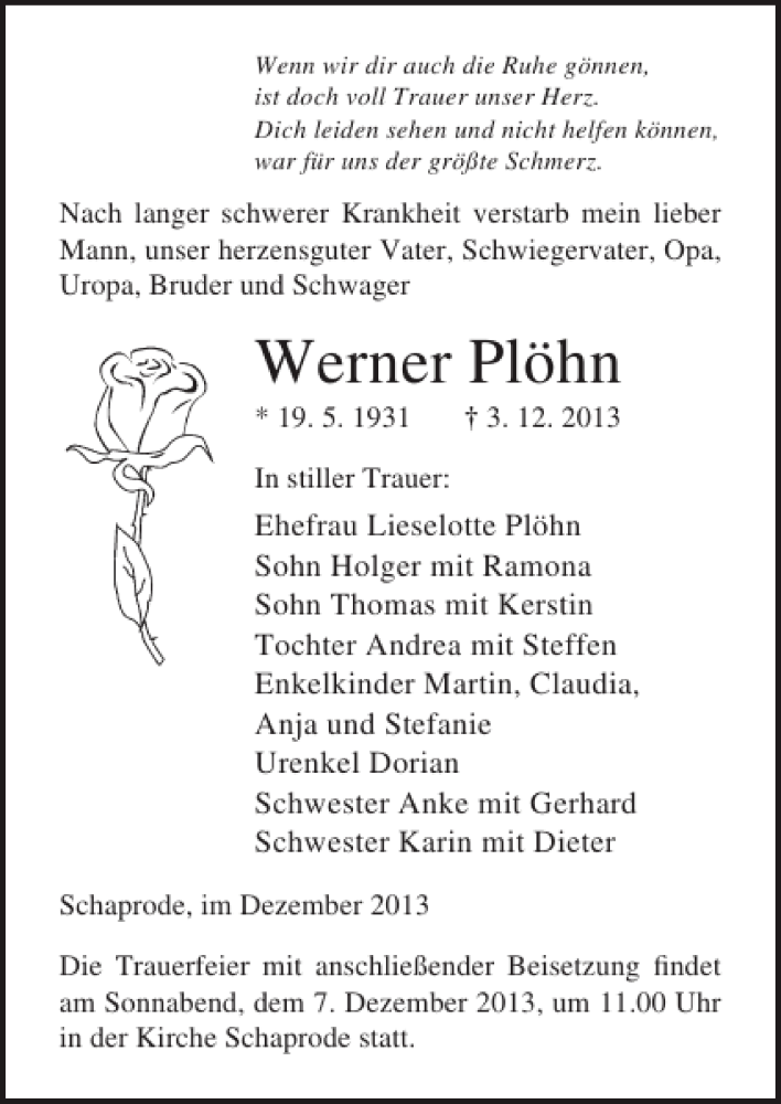  Traueranzeige für Werner Plöhn vom 05.12.2013 aus Ostsee-Zeitung