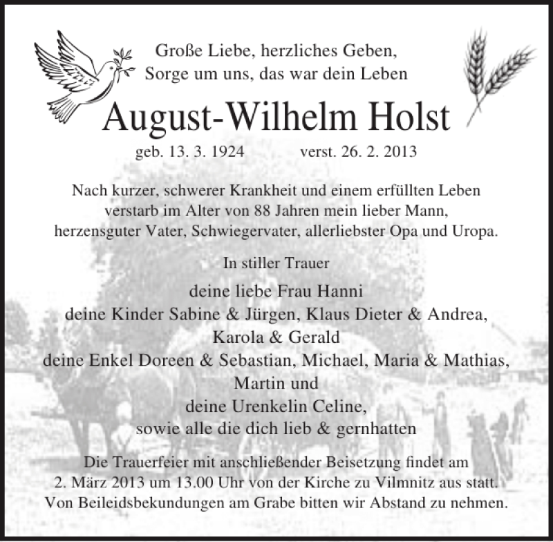  Traueranzeige für August-Wilhelm Holst vom 28.02.2013 aus Ostsee-Zeitung