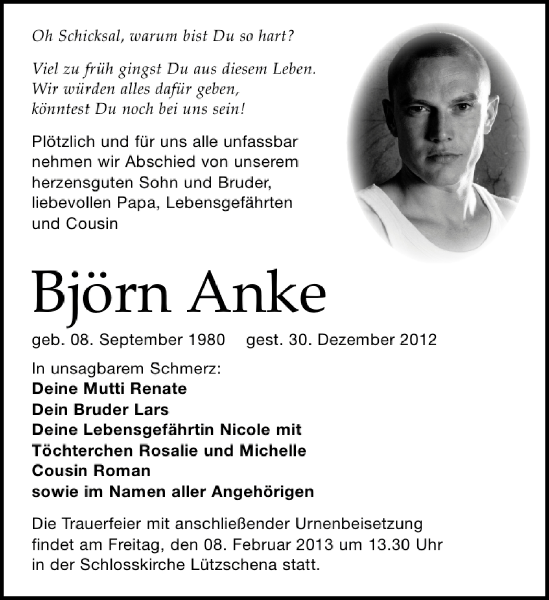  Traueranzeige für Björn Anke vom 02.02.2013 aus Leipziger Volkszeitung