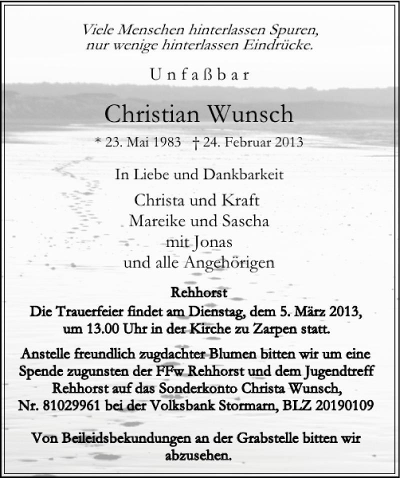  Traueranzeige für Christian Wunsch vom 28.02.2013 aus Lübecker Nachrichten