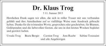 Traueranzeige von Dr. Klaus Trog von Lübecker Nachrichten