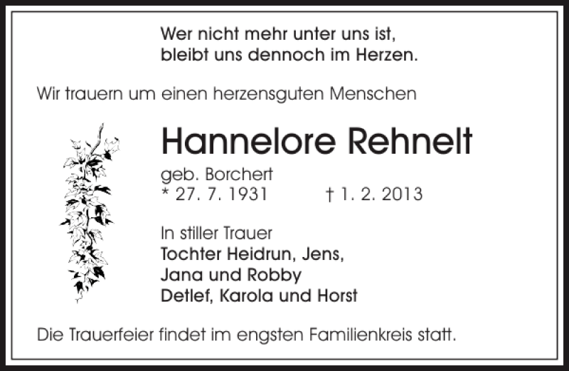  Traueranzeige für Hannelore Rehnelt vom 22.02.2013 aus Sächsische Zeitung