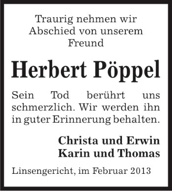 Traueranzeige von Herbert Pöppel von Kieler Nachrichten / Segeberger Zeitung