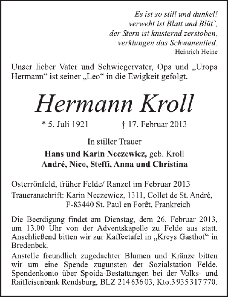 Traueranzeigen von Hermann Kroll | trauer-anzeigen.de