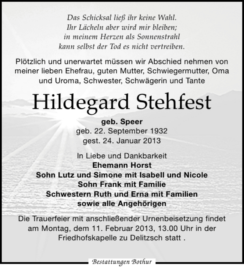  Traueranzeige für Hildegard Stehfest vom 02.02.2013 aus Leipziger Volkszeitung