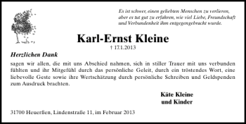 Traueranzeige von Karl-Ernst Kleine von Schaumburger Nachrichten