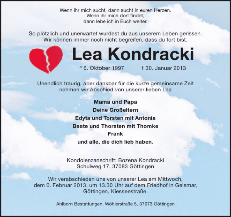  Traueranzeige für Lea Kondracki vom 02.02.2013 aus Göttinger Tageblatt