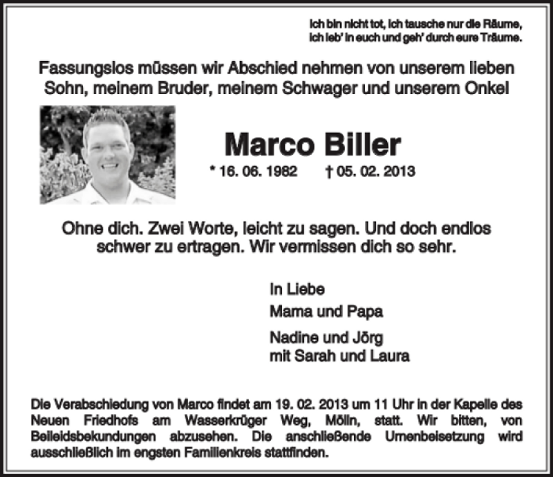  Traueranzeige für Marco Biller vom 17.02.2013 aus Lübecker Nachrichten