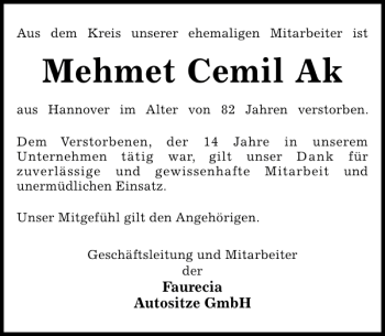 Traueranzeige von Mehmet Cemil Ak von Schaumburger Nachrichten
