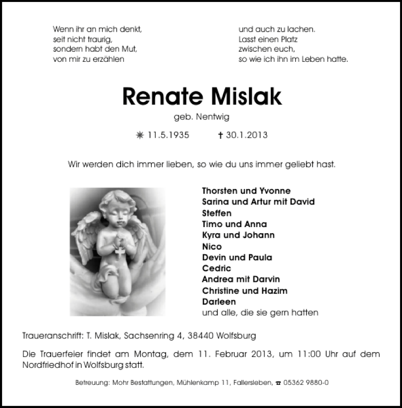  Traueranzeige für Renate Mislak vom 05.02.2013 aus Aller Zeitung / Wolfsburger Allgemeine