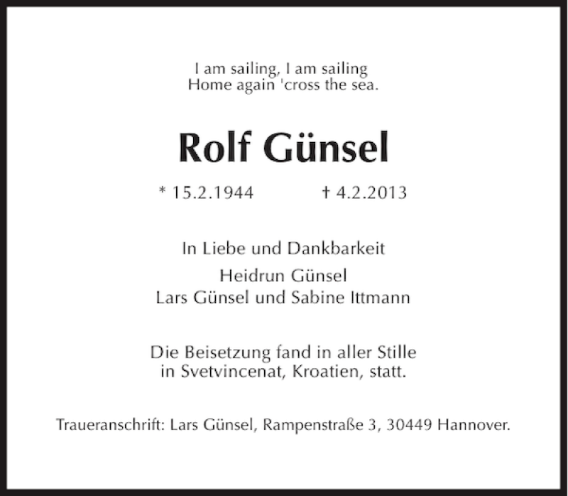  Traueranzeige für Rolf Günsel vom 16.02.2013 aus HAZ/NP