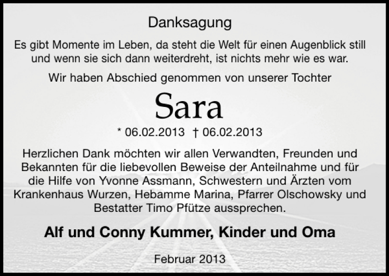  Traueranzeige für Sara  vom 23.02.2013 aus Leipziger Volkszeitung