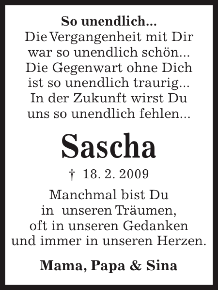  Traueranzeige für Sascha  vom 18.02.2013 aus Kieler Nachrichten / Segeberger Zeitung