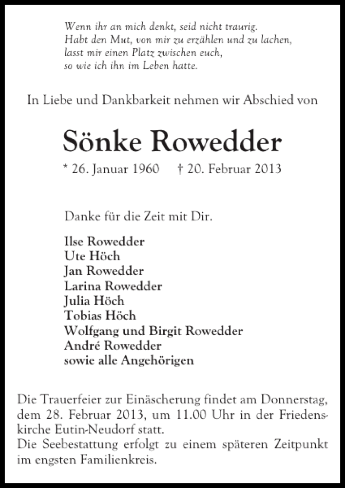  Traueranzeige für Sönke Rowedder vom 26.02.2013 aus Lübecker Nachrichten
