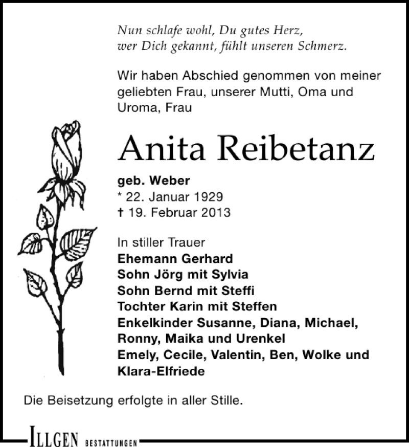  Traueranzeige für Anita Reibetanz vom 09.03.2013 aus Leipziger Volkszeitung