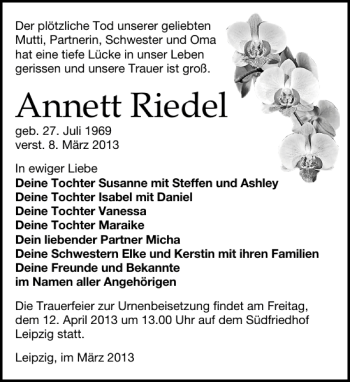 Traueranzeige von Annett Riedel von Leipziger Volkszeitung