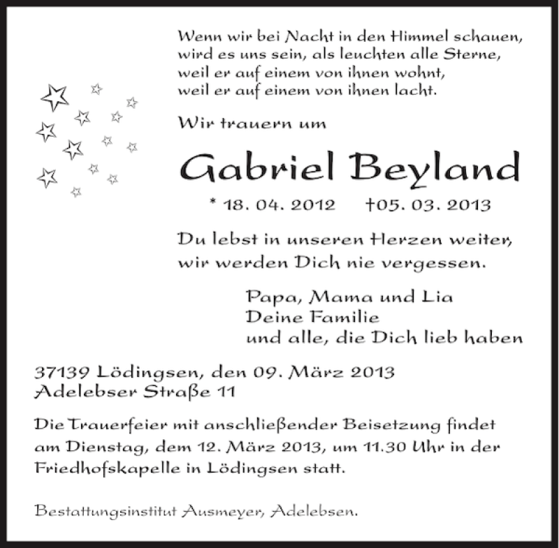  Traueranzeige für Gabriel Beyland vom 09.03.2013 aus Göttinger Tageblatt