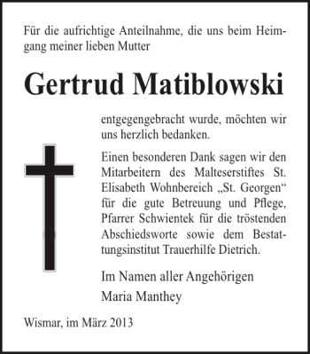 Traueranzeige von Gertrud Matiblowski von Ostsee-Zeitung