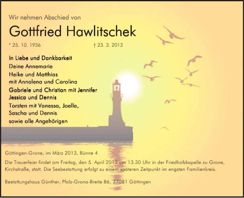  Traueranzeige für Gottfried Hawlitschek vom 30.03.2013 aus Göttinger Tageblatt