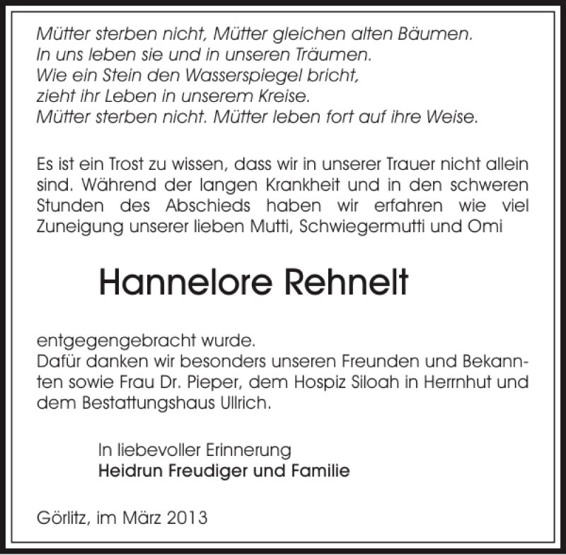  Traueranzeige für Hannelore Rehnelt vom 02.03.2013 aus Sächsische Zeitung