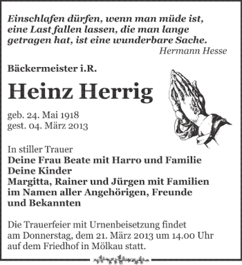 Traueranzeige von Heinz Herrig von Leipziger Volkszeitung
