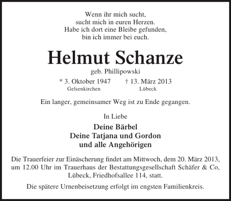  Traueranzeige für Helmut Schanze vom 17.03.2013 aus Lübecker Nachrichten