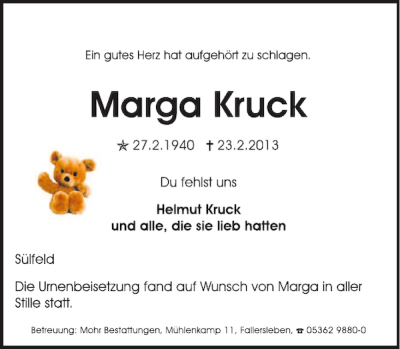  Traueranzeige für Marga Kruck vom 16.03.2013 aus Aller Zeitung / Wolfsburger Allgemeine