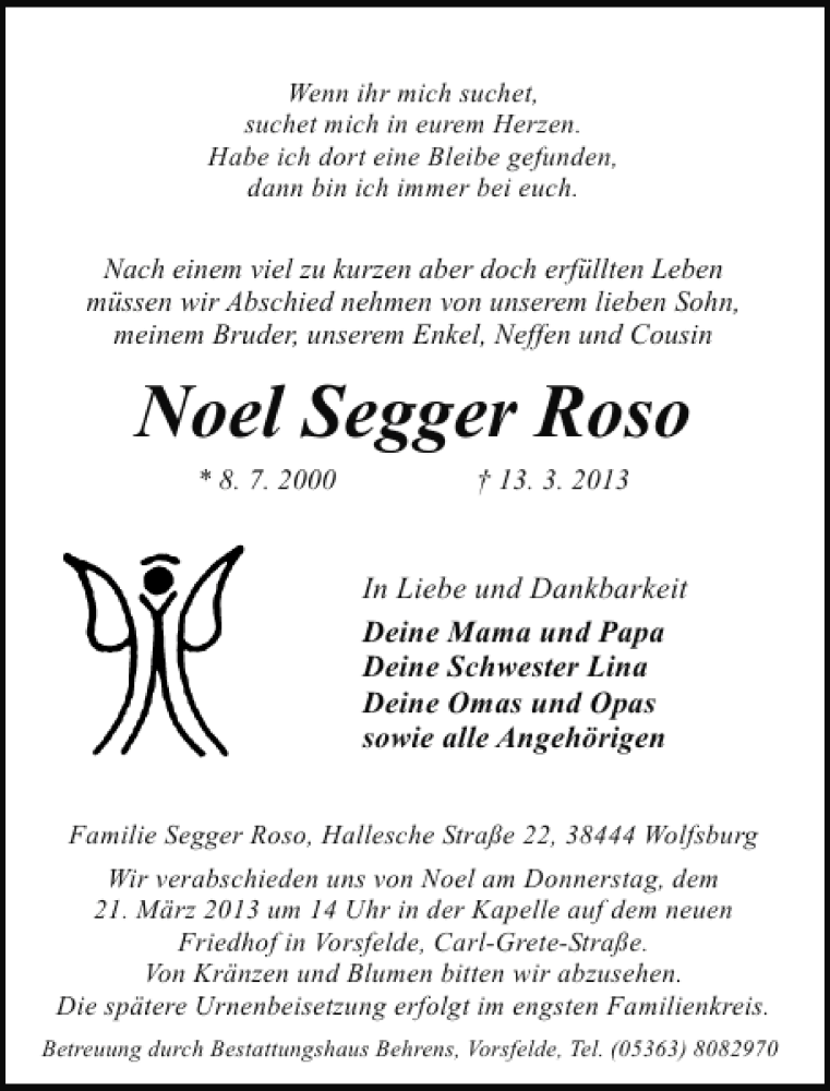  Traueranzeige für Noel Segger Roso vom 15.03.2013 aus Aller Zeitung / Wolfsburger Allgemeine