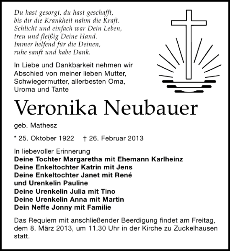  Traueranzeige für Veronika Neubauer vom 02.03.2013 aus Leipziger Volkszeitung