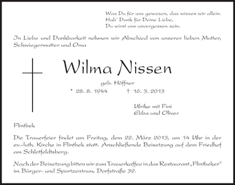 Traueranzeige für Wilma Nissen vom 20.03.2013 aus Kieler Nachrichten / Segeberger Zeitung