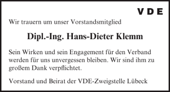 Traueranzeige von Dipl.-Ing. Hans-Dieter Klemm von Lübecker Nachrichten