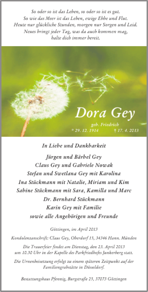  Traueranzeige für Dora Gey vom 20.04.2013 aus Göttinger Tageblatt