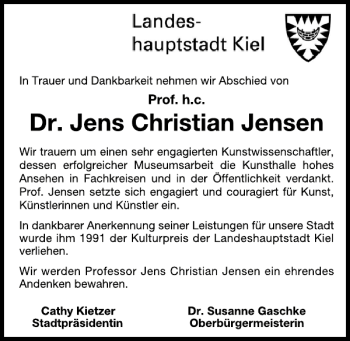 Traueranzeige von Dr. Jens Christian Jensen von Kieler Nachrichten / Segeberger Zeitung