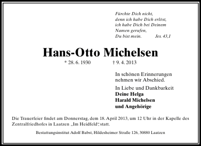  Traueranzeige für Hans-Otto Michelsen vom 13.04.2013 aus HAZ/NP