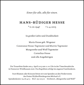 Traueranzeige von Hans-Rüdiger Hesse von HAZ/NP