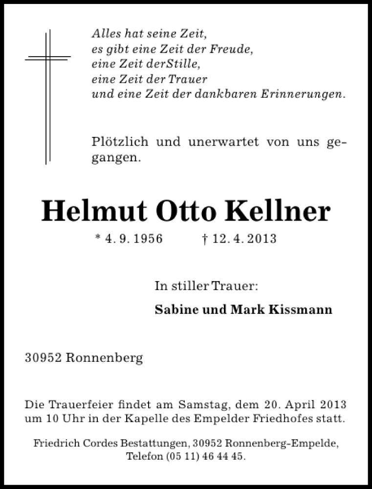  Traueranzeige für Helmut Otto Kellner vom 18.04.2013 aus HAZ/NP