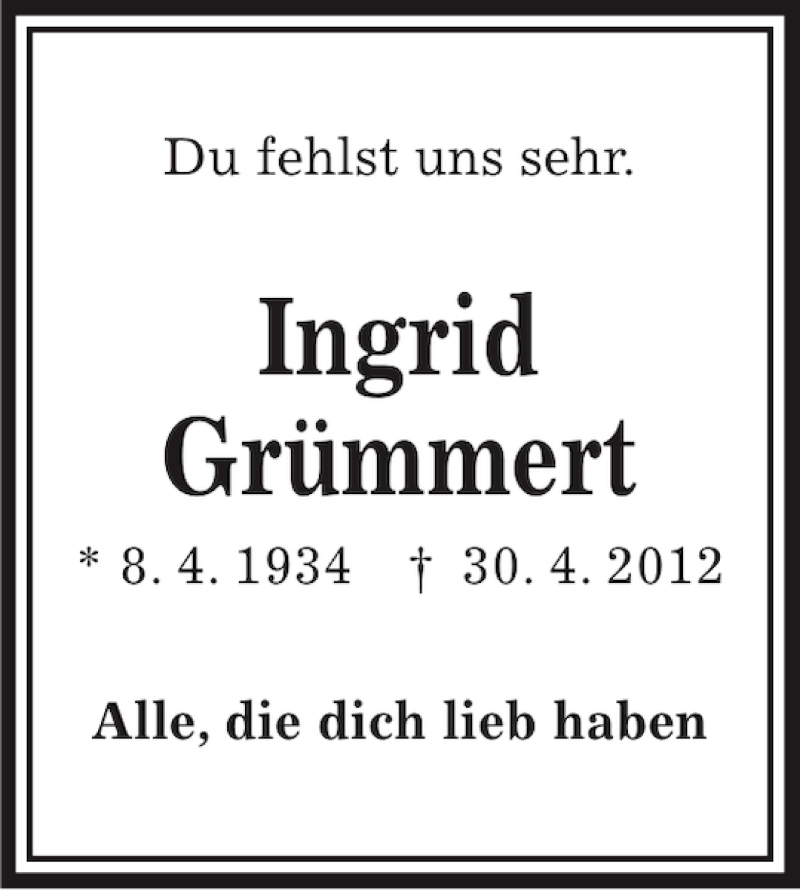  Traueranzeige für Ingrid Grümmert vom 30.04.2013 aus Kieler Nachrichten / Segeberger Zeitung