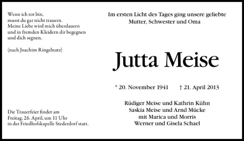  Traueranzeige für Jutta Meise vom 23.04.2013 aus Peiner Allgemeine Zeitung