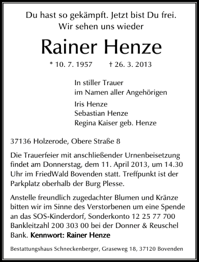  Traueranzeige für Rainer Henze vom 06.04.2013 aus Göttinger Tageblatt