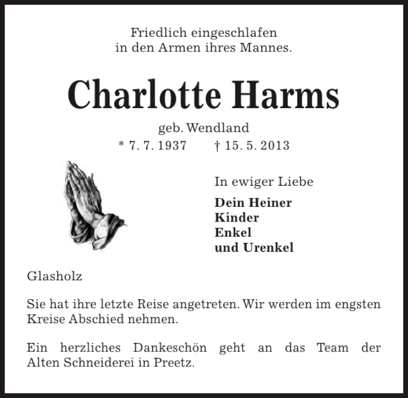  Traueranzeige für Charlotte Harms vom 18.05.2013 aus Kieler Nachrichten / Segeberger Zeitung