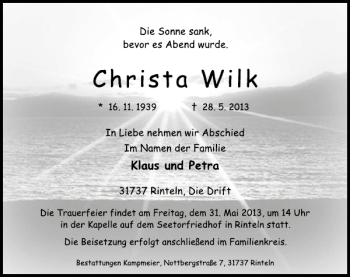 Traueranzeige von Christa Wilk von Schaumburger Nachrichten
