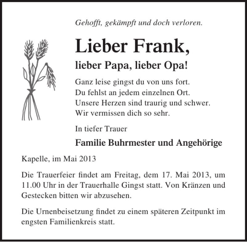  Traueranzeige für Frank Buhrmester vom 15.05.2013 aus Ostsee-Zeitung