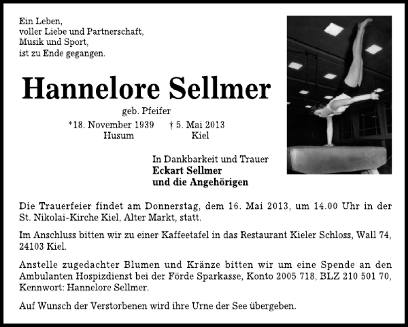  Traueranzeige für Hannelore Sellmer vom 11.05.2013 aus Kieler Nachrichten / Segeberger Zeitung